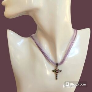 3/$30 Gunmetal Rhinestone Cross Pendant Lavendar Ribbon Princess Necklace